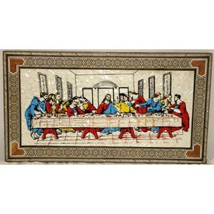 Jesus Last Supper Wooden Plaque Inlay Stone Print on Pearl-Crystal Look 17 x 10"